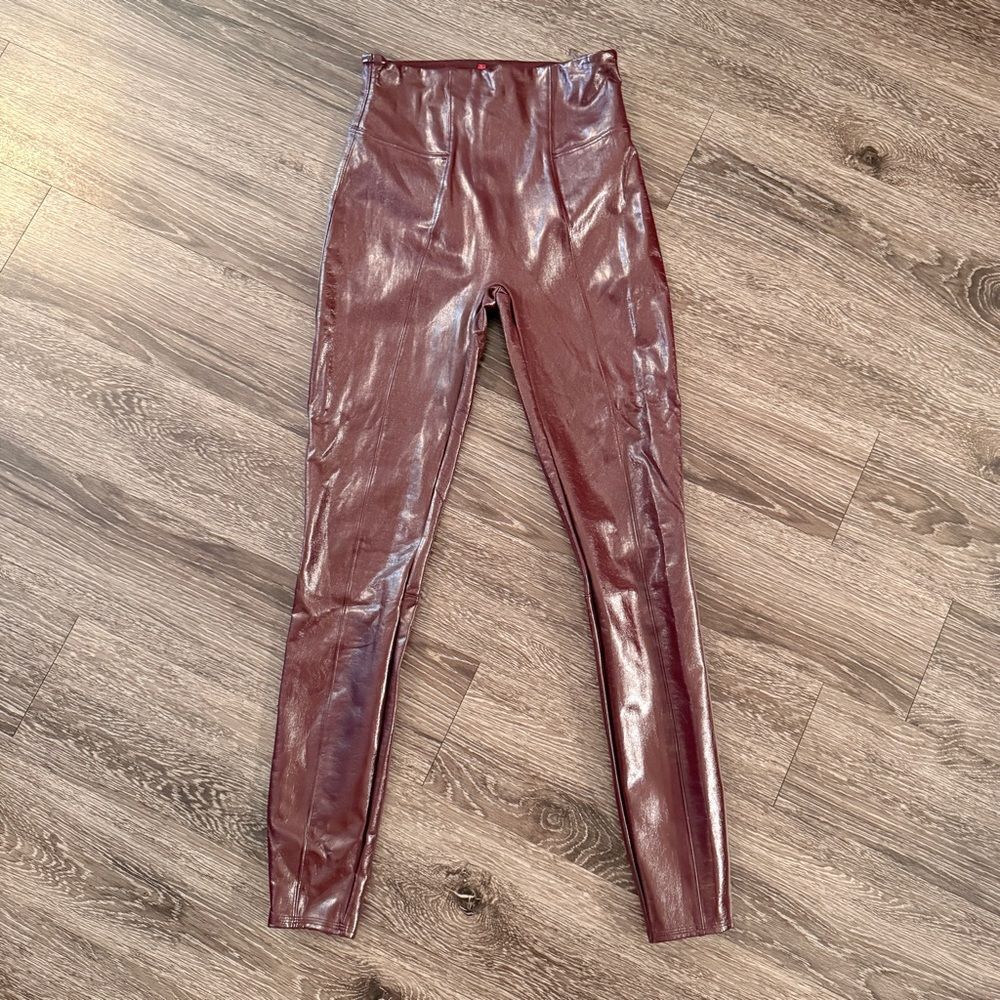 Spanx Faux Patent Leather Ruby Burgundy Pants Tall Inseam